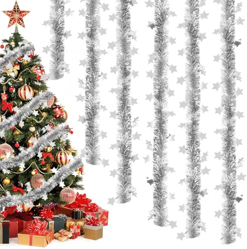 Lametta Girlande Weihnachtsgirlande,dellyy 6 Stück x 2M Weihnachtsdekoration Lametta Glänzend Girlande,Weihnachten Lametta Girlande mit Sterne,Weihnachtsbaum Dekoration Girlande (Silber)