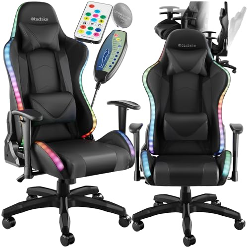 tectake® Sedia da Gaming, Sedia per Gamer con LED e Funzione Massaggio, Schienale e Braccioli Regolabili, Cuscino Lombare Rimovibile, Rotazione a 360°, Ergonomica, Poltrona Ufficio - Nero/Nero