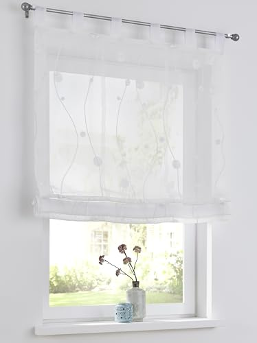 Nelly weiß Raffrollo mit Schlaufen modern Bestickt Raffgardine halbtransparent, Polyester pflegeleicht in der Größe 80 x 140 cm