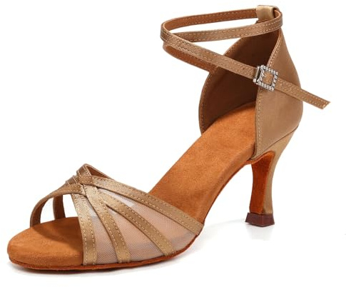 ZYXWVU Latin Dansskor Kvinnor Öppna Toe Satin Häl 7,5 cm Tango Sås Praktisk, Beige 7 5 cm, 40 EU