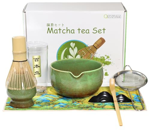 Qxeutm Matcha Whisk Set, 7 Pcs Matcha Set - Ceramic Matcha Bowl & 100% Handmade Bamboo Whisk with Chasen Holder, Bamboo Scoop, Rest, Matcha Sifter & Tea Towel - Complete Matcha Kit (Green)