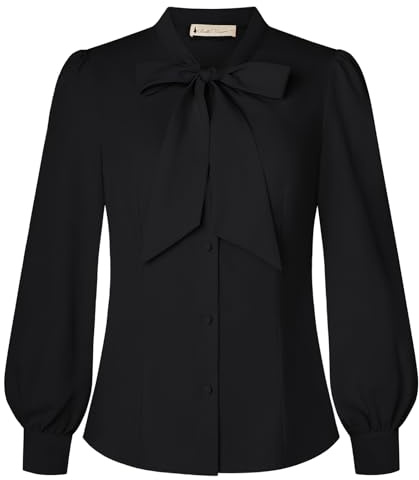 Belle Poque Damen Vintage Schleifen-Knoten Hemden Langarm Button Down Arbeit Büro Collared Bluse Shirt