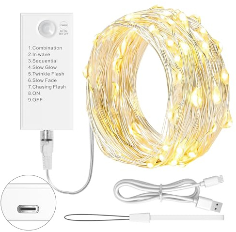 LED Lichterkette 5M mit wiederaufladbarem Batteriefach,50 LEDs, 8 Modi & Timer, Silberdraht Lichterkette für Weihnachten, Hochzeit, Innen Deko, Party (Warm weiß, 1 Stück)