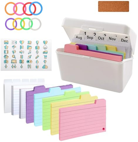 Karteikarten Box – 14,5×9×8,5 cm Lernkarteibox Flashcards mit 100 Karten, 150 farbigen Kopfkarten, 10 weißen PP-Registerkarten, 8 Ringen und 3 Aufklebern, für Studium, Notizen, Schule und Büro