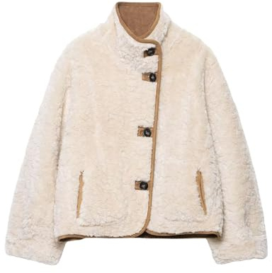 Chevara Women’s Reversible Double-Faced Jacket Stand Collar Long Sleeve Button Down Faux Suede Jacket Coat(0254-Beige-S-CW)