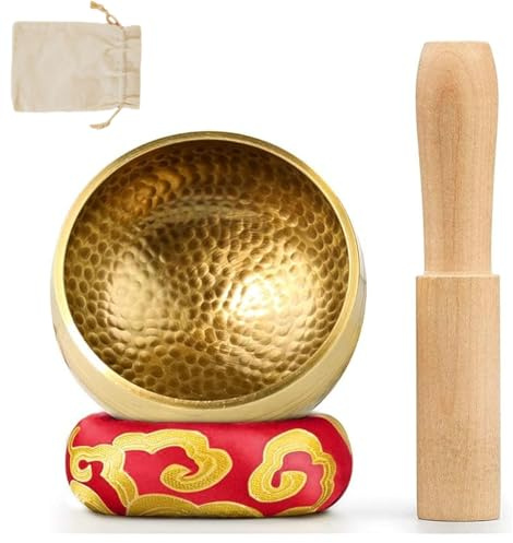 Klangschale, HandgehäMmertes Nepal Klangschalen-Set Aus Messing, Meditation & Yoga Klangschale Mit Kissen Und KlöPpel, Sound Healing & Stressabbau, Tibetan Singing Bowl Set (Holzhammer, 8cm)