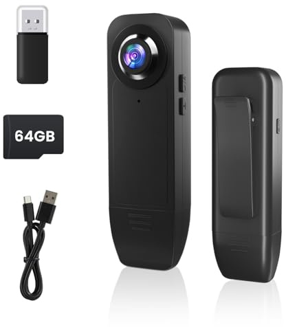 Body Cam, Mini Camara Espia 1080P HD, Cámara Corporal con Tarjeta TF de 64GB, Camara Espia Sin Necesidad de WiFi, Visión Nocturna&Detección de Movimiento, Mini Camara 1000mAh Batería de Larga Duración