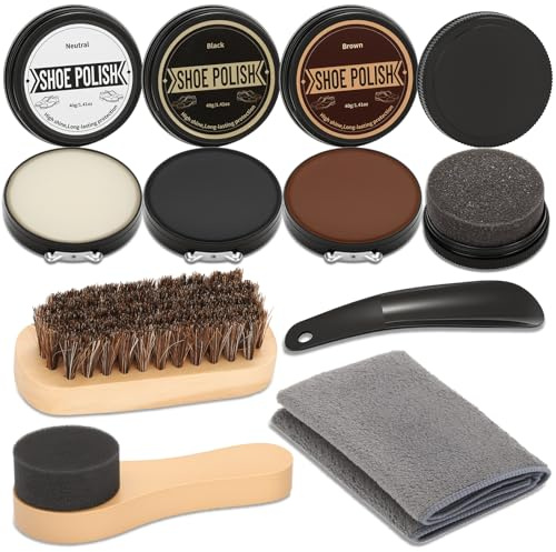 Cruzix 8 PCS Leather Shoe Polish Kit- Shoe Shine Kit As Gift for Men with Black Brown Neutral Shoe Polish, Horsehair Shoe Polish Brush, Shine Sponges Care Cloth-Shoe Cleaning Kit for Leather Boots