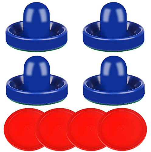 ONE250 Air Hockey Pushers and Red Air Hockey Pucks, Goal Handles Paddles Replacement Accessories for Game Tables (4 Striker, 4 Puck Pack) (Blue)