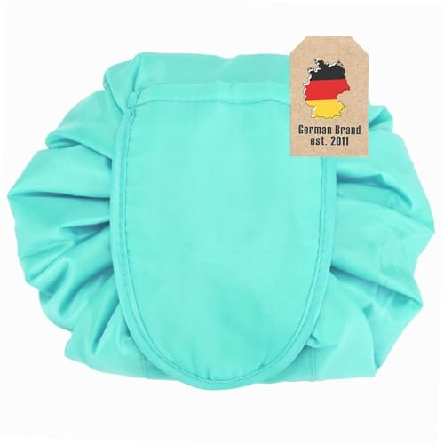 INTIRILIFE Kosmetiktasche in Himmel BLAU - 62 x 54 cm - Runder One Step Kulturbeutel mit Kordelzug zum Zusammenziehen mit 2 inneren Reißverschlussfächern zur Aufbewahrung von Make-Up etc.