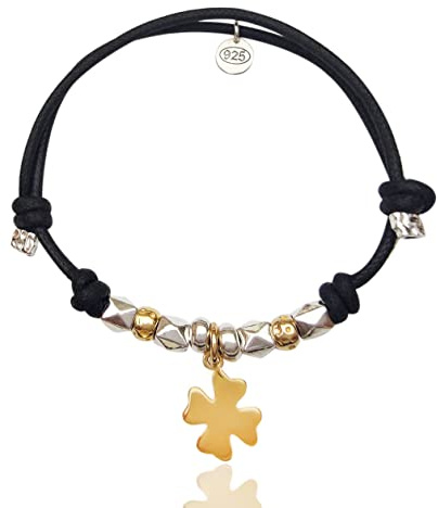 ViMon Gioielli | BRACCIALE da uomo,cordino nero con ciondolo dorato QUADRIFOGLIO porta fortuna in ARGENTO 925.