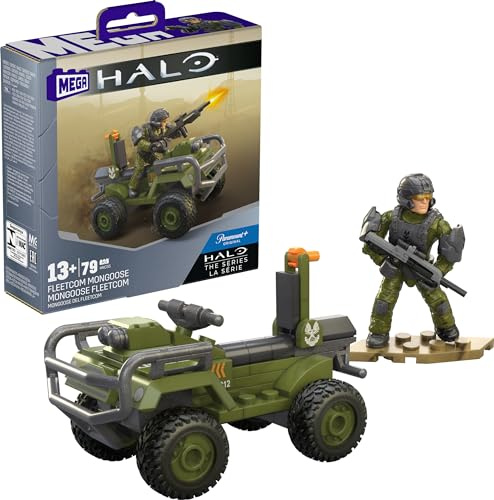 MEGA Halo Bauspielzeug Set, FLEETCOM Mongoose ATV Fahrzeug mit 79 Teilen, 2 beweglichen Mikro-Actionfiguren und Zubehör, HNC55