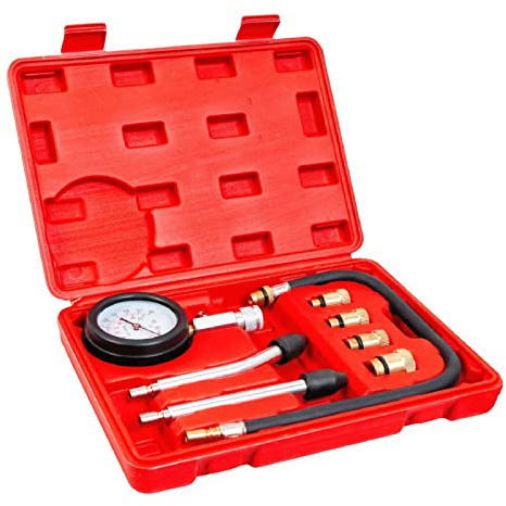 TCE Torin 8 Piece 0-300 Psi Engine Cylinder Compression Pressure Gauge Tester Kit Automotive Tool Gauge, Red, ATRHS-A0031U