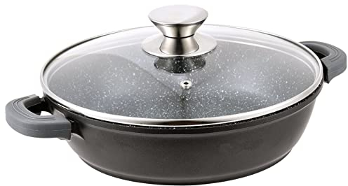 Schmorpfanne Ø24 cm mit Glasdeckel Servierpfanne Bratentopf Kochtopf Bratpfanne Induktion Aluguss Schmortopf Pfanne Kasserolle Marmorbeschichtung