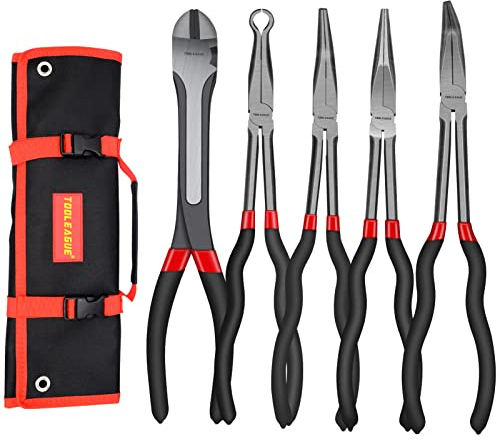 TOOLEAGUE 5-teiliges extra langes Spitzzangen-Set, 27,9 cm lange gerade Zange, 45/90 Grad gebogene Spitzenzange, Seitenzange und O-förmige Spitzen-Reparaturwerkzeug