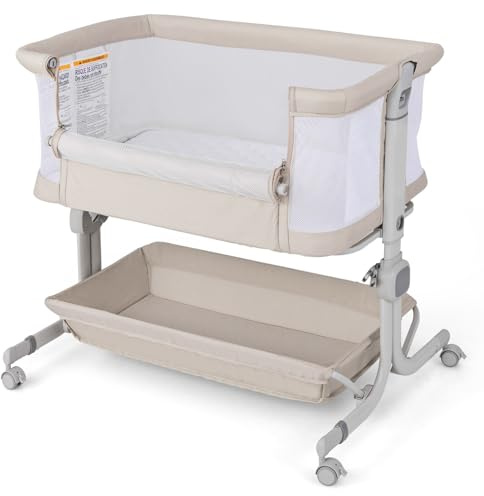 LIFEZEAL Baby Beistellbett 6 Stufig Höhenverstellbar, Babybett mit Matratze & Rollen, Tragbares Reisebett für Baby 0-6 Monate, Stubenwagen mit Aufbewahrungskorb (Beige)