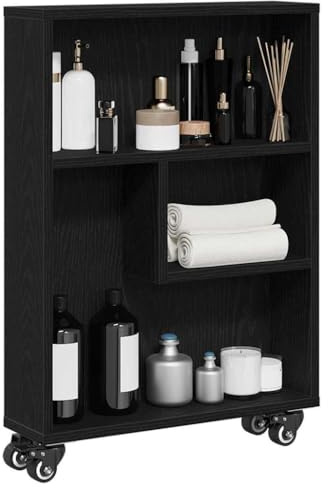 vidaXL Smala svarta ekförvaringsenhet med justerbara hyllor och hjul till kök, badrum och tvättstuga. Kompakt design, modern MDF-möbel, enkel montering, förvaringslösningar, hyllor till skafferiet