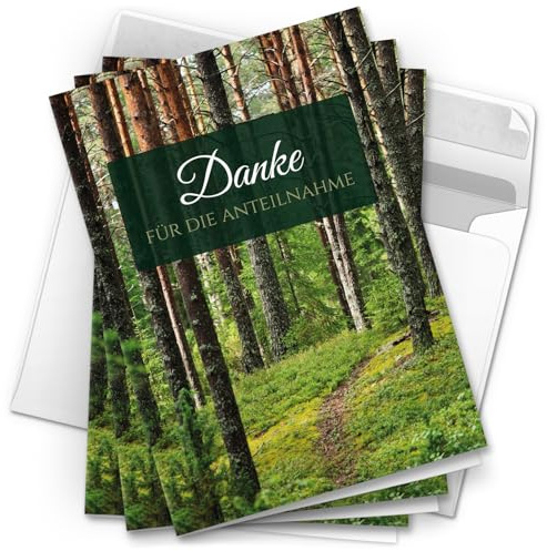 Danksagungskarten Trauer – 10 Klappkarten mit Umschlägen – Motiv: Waldweg – Trauerkarten Danksagung mit Text – Dankeskarten Trauer nach Beerdigung