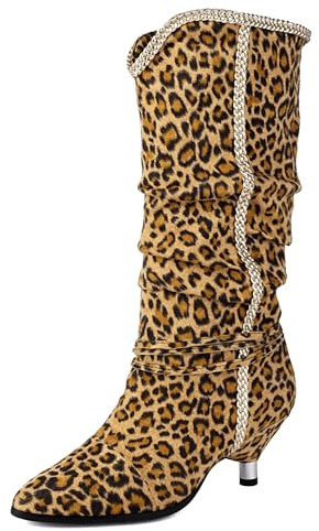LarDorLin Donna Appuntito Tacco Gattino Slouchy Stivali con Cristalli a Collo Alto Riding Booty Knee High Festa Sopra Il Ginocchio Leopard Numero 35 EU