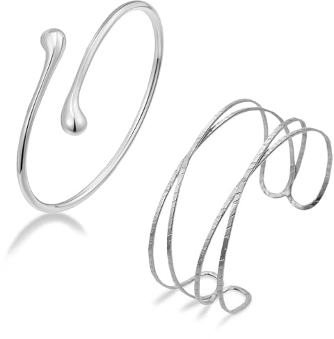 PacuM 2 Pieces Arm Cuff Silber Armband Adjustable Silver Arm Cuff Smooth Lines Jewellery Bangles for Womens Decorative Bangle Metallic Material for Christmas Valentine's Day Birthday (Silver)