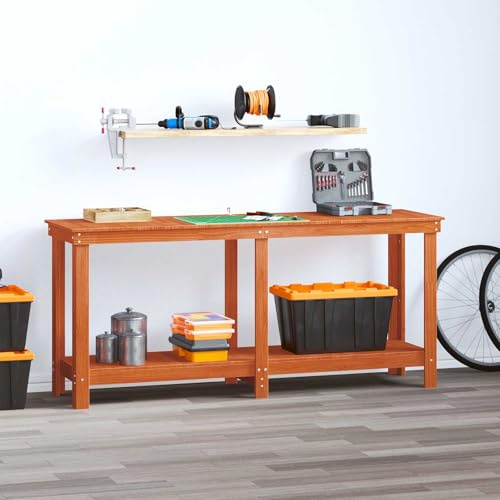 Arbetsbänk, vaxbrun, 180 x 50 x 80 cm, massiv furu, arbetsbord, hyvelbänk, spännbord, hylla, verkstad, garage, gör-det-själv, hobbyrum, montering