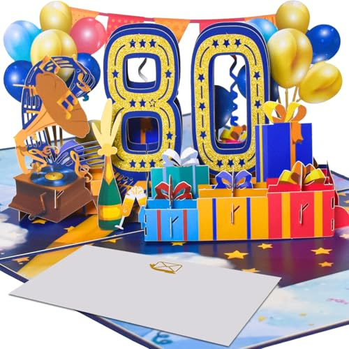 3D Pop-Up Karte 80. Geburtstag oder 80. Hochzeitstag – Elegante Karte mit Trompete, Schallplatte und festlichen Elementen – Karte für Jubiläum, Hochzeit, Geburtstagsfeier, für Eltern, Großeltern