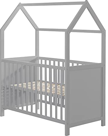 Kinderbett, Hausbett 60 x 120 cm, FSC zertifiziert, taupe, 6-fach verstellbar, als Baby- & Beistellbett komplett mit Wickelplatte