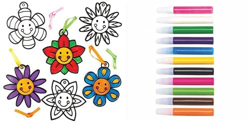 Baker Ross Happy Face Flower Suncatcher Decorations (Pack of 8)(AC770) and Suncatcher Paint Pens Bumper Pack (Pack of 12)(AT943)