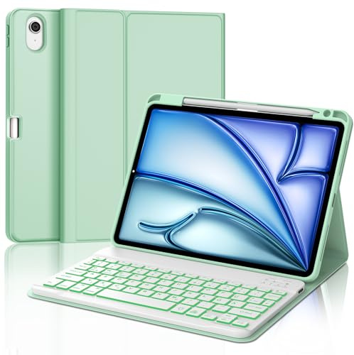 Tastatur für iPad Air 11” M4 2026/M3 2025/M2 2024, 7-Farbige Beleuchtung, Schutzhülle mit Stifthalter, Hülle mit Bluetooth Magnetisch QWERTZ Tastatur für iPad Air 11 Zoll 8./7./6. Gen M4/M3/M2, Grün