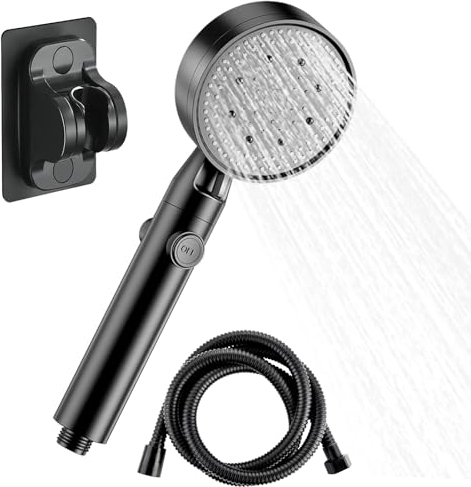 PIWOSGOL Alcachofa de Ducha de Alta Presión,Cabezal Ducha de 5 Modos con 1.5M Manguera,Ducha de Mano con Botón Interruptor Ahorro de Agua,Mango Ducha Baño,Alcachofa Ducha Negra con Soporte