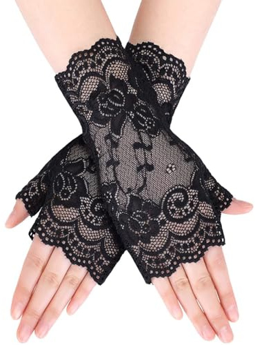 AIYVELU 1 Par de Guantes de Encaje, Guantes de Encaje para Mujer Guantes Cortos sin Dedos Negro Blanco Guantes de Novia Prom Tea Party Accesorios de Disfraces