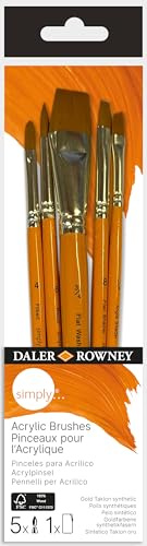 Daler-Rowney Simply Gold Taklon Synthetic Hair Acrylic Brush Set with Short Handles, 5 Assorted Brushes, For Entry-Level Artists & Hobbyists