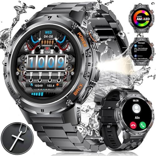 ESFOE 2025 Montre Connectée Homme avec Torche LED,1,43 AMOLED Montre Connectée Militaire avec 530mAh Akku 5ATM Étanche Fitness Tracker 132 Modes de Sport,Smartwatch avec Appel Bluetooth Android iOS