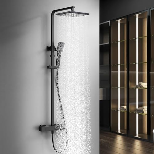 HOMELODY Duschsystem mit Thermostat Schwarz, Duscharmatur Edelstahl Regendusche mit Armatur, Duscharmatur Komplettset mit Regendusche Duschkopf, Verstellbarer Duschstange, Duschset