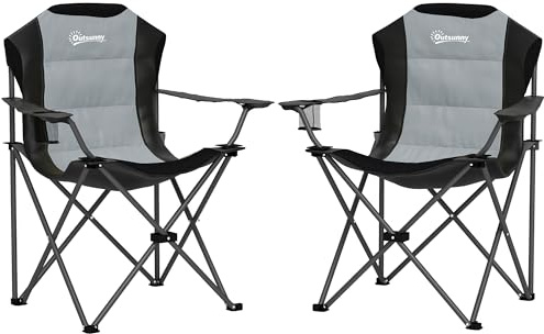 Outsunny Lot de 2 Chaise Pliante Camping Chaise de pêche Portable rembourrée à Dossier Haut avec Porte-gobelet, Fauteuil Pliable pour randonnée, Plage, Pique-Nique, Voyage, Charge 120Kg, Gris foncé