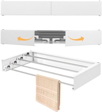 Fyeme Wäscheständer Wandmontage 50×25×7.3cm Wäscheständer Ausziehbar Wand mit 4 Pole Edelstahl Wäschetrockner Wand zum Kleiderständer Handtuchständer Schrankständer Schuhständer