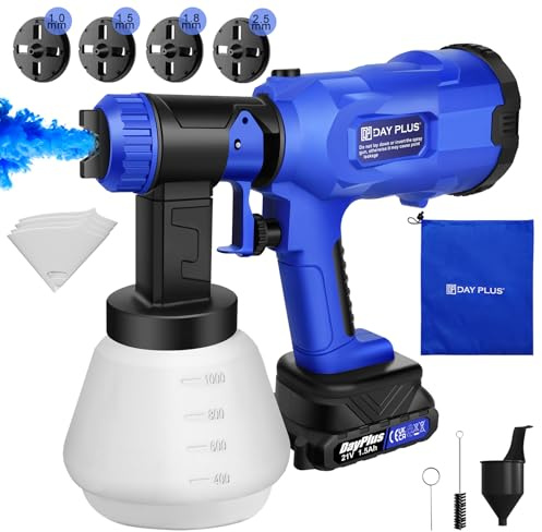 Akku Farbsprühsystem, Kabellose Farbsprühpistole mit 32000RPM Motor, 4 Düsen & 3 Sprühmustern, 1000mL Tank, kompatibel mit 21V Akku - Ideal für Wandfarbe, Möbel, Zäune