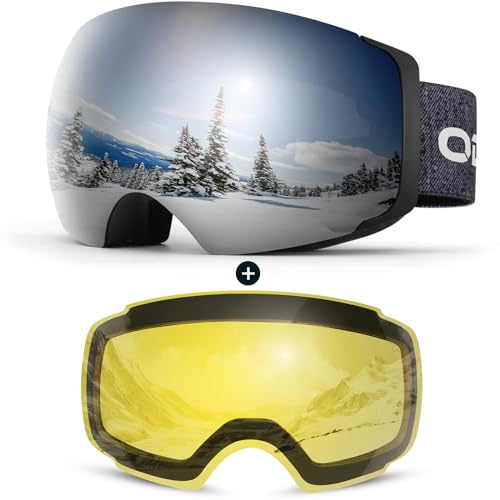 Odoland Skibrille Unisex für Damen und Herren Jungen Rahmenlose Snowboardbrille mit Magnetische Wechselglas UV-Schutz Anti-Nebel Schneebrille Helmkompatible Ski Goggles zum Skifahren Silber