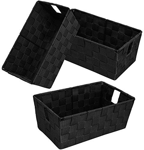 Woven Black Storage Baskets Shelf Tote Boxes Container, Durable Storage Organizer Bins with Built-in Handles for Bedroom, Office, Closet, Kids Room, Nursery, 3-Pack,11.4”x 6.5”x 4.5”