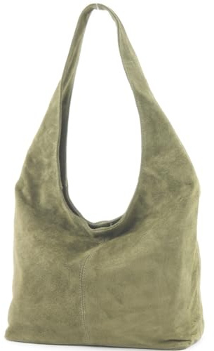 modamoda de T150 Damen Schultertasche Shopper Large aus Wildleder handmade in Italy, Farbe:Olivgrün