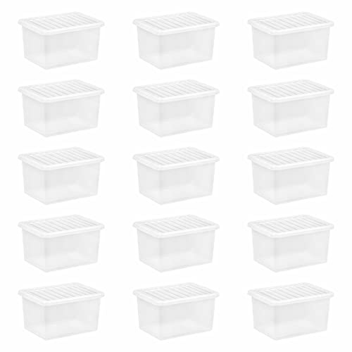 Crystal Clear Plastic Storage Box Strong With Lock Lid Storage Container Stackable and Nestable Multipurpose Organising Box Home Garden Garage office Toys Kitchen organiser Space Saving (25 Litre, 15)