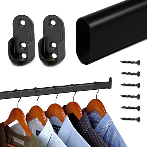 AZERODESIGN- Barra Armario- Color Negro- Ovalada- Barra para Colgar Ropa -Incluye Soporte y Tornillos -Acabado Resistente al Desgaste y la Oxidación - Fácilmente Recortable - 80 kg de Resistencia