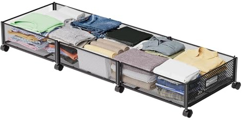 Nonkky 47.2'' Long Under Bed Storage on Wheels, 57.6L Large Capacity Rolling Under the Bed Storage Containers, Tool-Free Assembly Foldable Underbed Shoes Clothes Toy Drawers