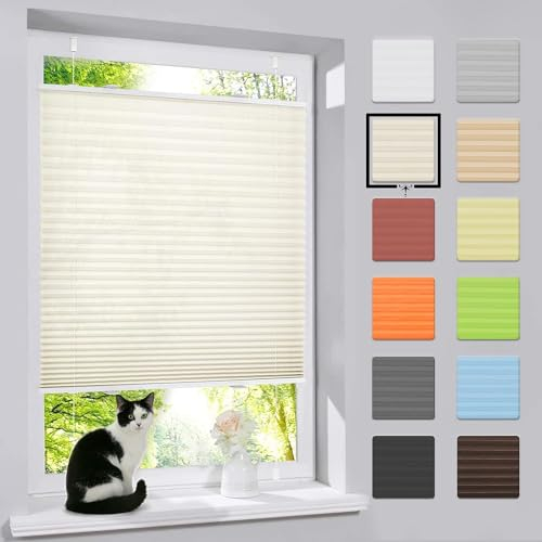 bobodeco Plissee ohne Bohren Klemmfix Faltrollo Jalousie Beige 115x110cm (BxH), Plisseerollo Sichtschutz und Sonnenschutz Blickdicht Easyfix lichtdurchlässig Rollo für Fenster & Tür