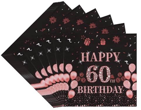 TOPWAYS 60 Geburtstagsdeko Servietten, 40Stück Schwarz Roségold Papier Party Servietten Tischdeko für Sie 60. Geburtstag Mädchen Frau Frauen Happy Birthday Servietten Deko (Servietten Geburtstag 60)