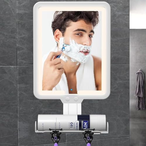 Shower Mirror for Shaving Anti-fog with 3 Color Modes Light, 5000mAh Rechargeable Battery, Heated Anti-Fog Waterproof for Bathroom, Shaving Mirror with Shelf and Razor Holders, 9.5*8 inch - White
