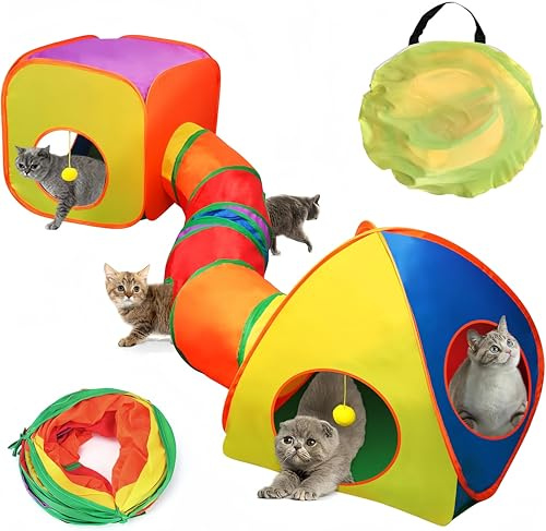 3 in 1 Cat Tunnels for Indoor Cats with Cube Tent Toys Combo, Pop Up Collapsible Crinkle Interactive Peek Hole,Cat Tube with Play Ball and Bell for Kitten,Puppy, Kitty, Rabbit-Foldable Play Tunnels