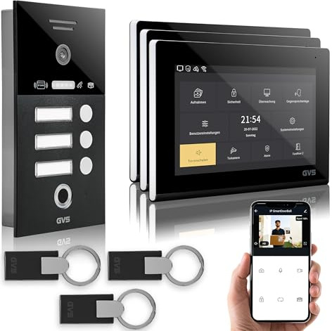 GVS Video Türsprechanlage 3 Familienhaus RFID + Fingerprint - 3x7 Monitor | Smarte Video Türklingel mit Kamera und Monitor & App - Gegensprechanlage mit Türöffner, RFID & Fingerprint (AVS5291U)