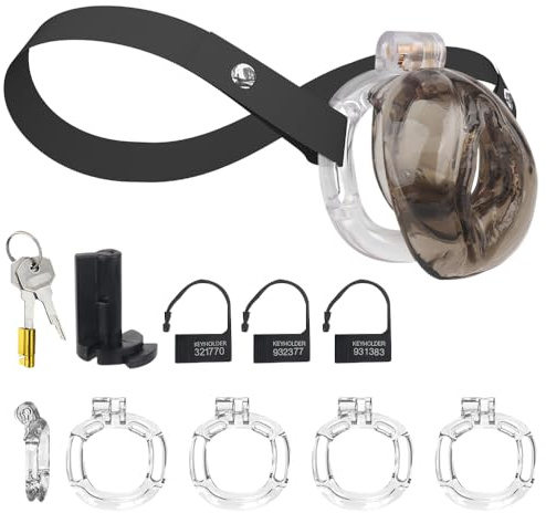 Qcpuuu Cinture di castità Gabbia per il pene, Gabbia di castità regolabile con clitoride realistico, Sex toy fetish Sissy con 4 anelli per il pene e 2 chiavi, Nero