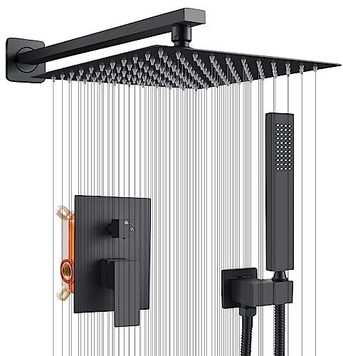 Concealed Shower Set Black, Shower Head and Hose Set 2 Ways, Rainfall Shower System with 10-Inch Shower Head Square, Brass Single Lever Shower Mixer Valve Tap, Stainless Steel Handheld Spray Head